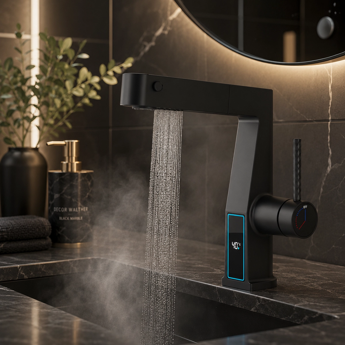 Mitigeur lavabo vasque noir LED avec douchette extractible